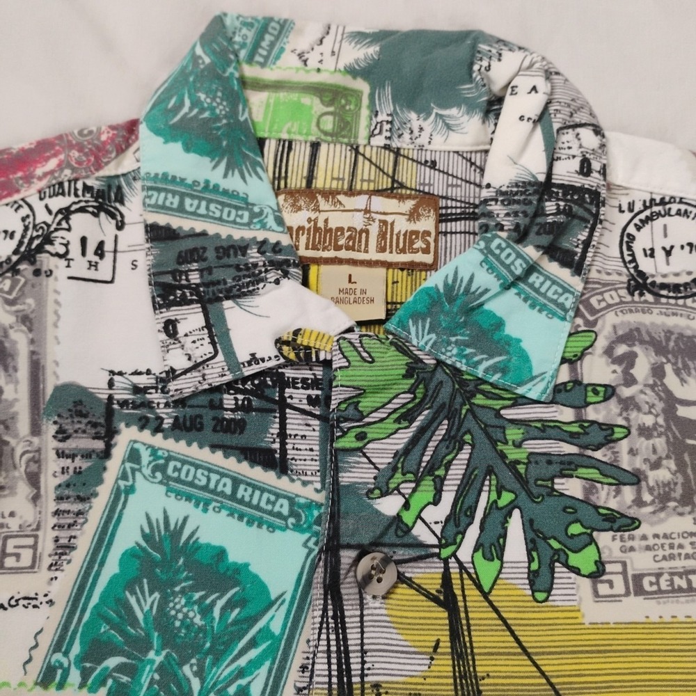 Caribbean Blues Mens‎ Large Hawaiian Vacation Button Up Shirt Short Sleeve - Picture 3 of 9